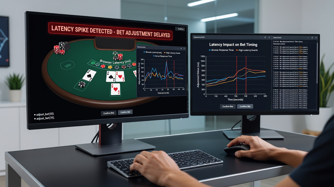 Graph illustrating latency distribution and corresponding bet adjustment rates across virtual blackjack sessions