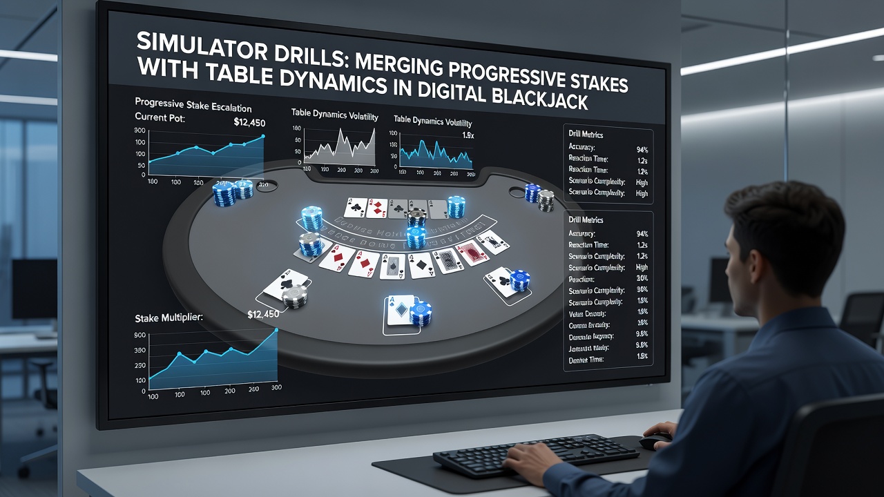 Side-by-side comparison of stake progression charts overlaid on animated digital blackjack table with dynamic player positions